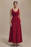 Load image into Gallery viewer, Simple Red Satin Cowl Neck A Line Long Formal Dress