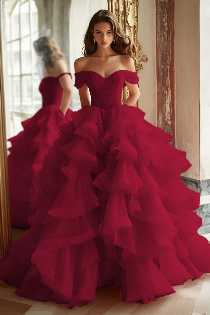 Load image into Gallery viewer, Princess Ball Gown Dusty Blue Off the Shoulder Long Tulle Prom Dress