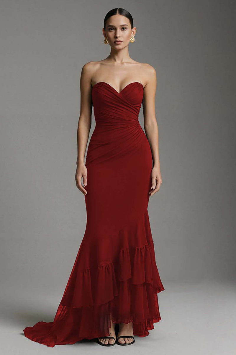 Load image into Gallery viewer, Black Sweetheart Ruched Mermaid Ruffled Long Formal Dress