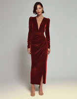 Load image into Gallery viewer, Olive Sheath Deep V-Neck Velvet Long Holiday Party Dress with Sleeves