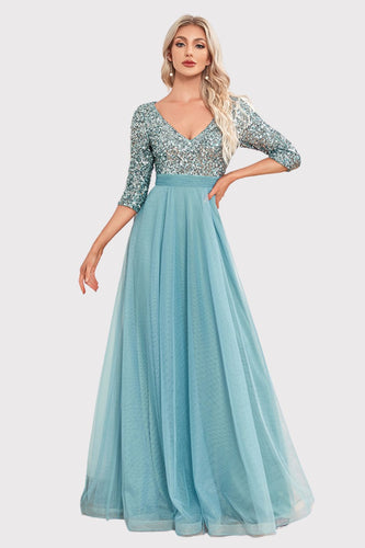 Sparkly V-Neck Grey Blue Prom Dress with Sleeves
