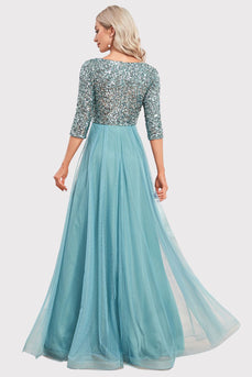 Sparkly V-Neck Grey Blue Prom Dress with Sleeves