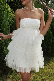 Sparkly Tiered Strapless A-line Little White Dress