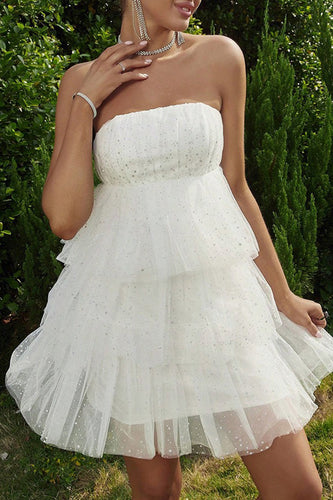 Sparkly Tiered Strapless A-line Little White Dress