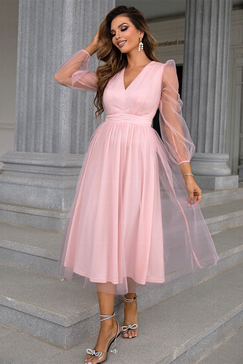 Load image into Gallery viewer, Tulle V-Neck Blush Long Prom Dress with Sleeves