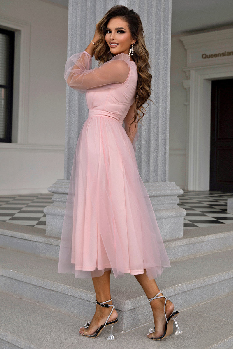 Load image into Gallery viewer, Tulle V-Neck Blush Long Prom Dress with Sleeves