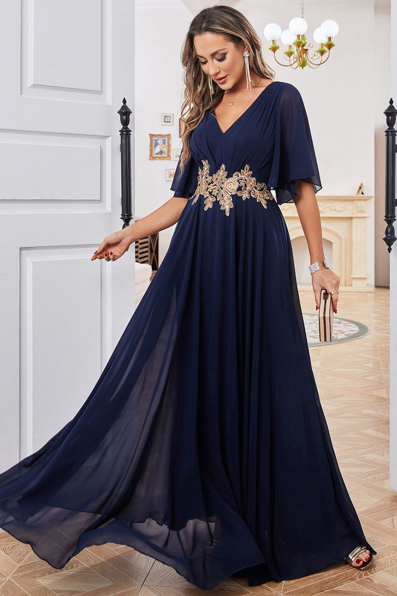 Load image into Gallery viewer, A-Line V-Neck Navy Mother of Bride Dress with Appliques