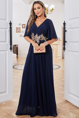 A-Line V-Neck Navy Mother of Bride Dress with Appliques