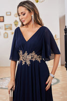 Load image into Gallery viewer, A-Line V-Neck Navy Mother of Bride Dress with Appliques