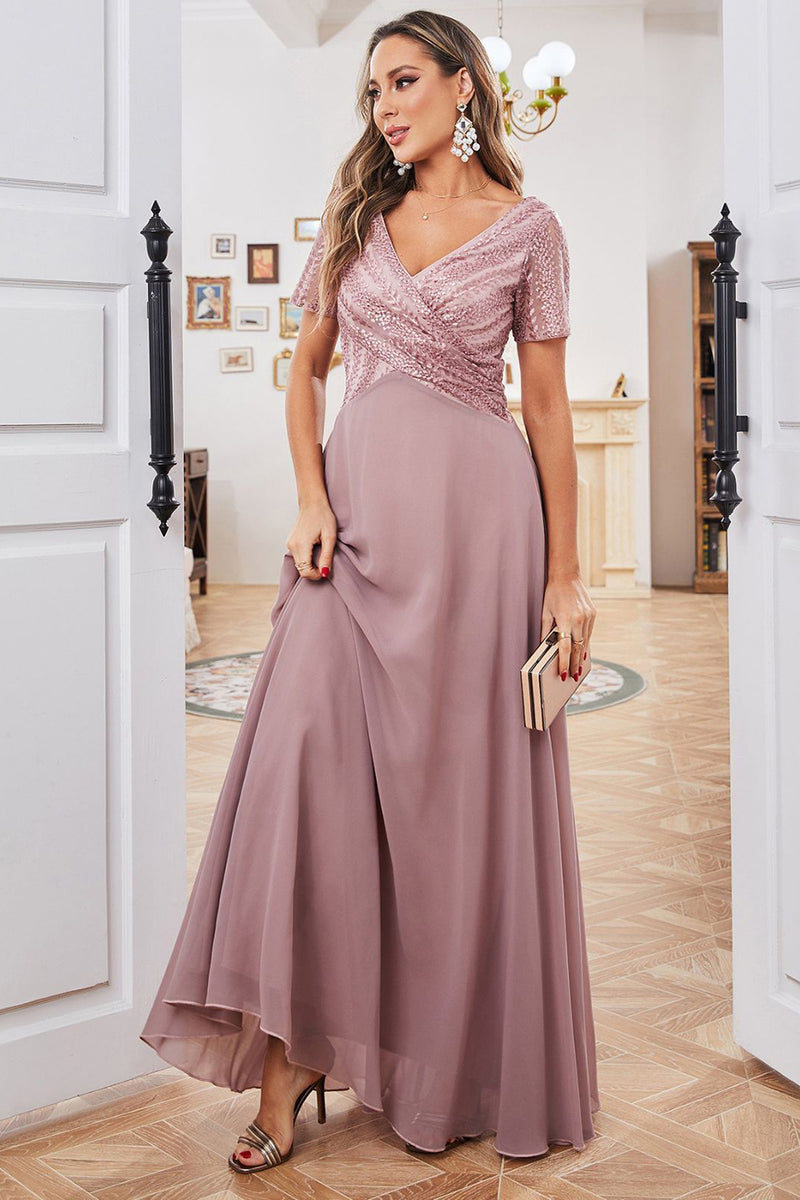 Load image into Gallery viewer, Short Sleeves Dusty Rose Mother of Bride Dress with Sequins