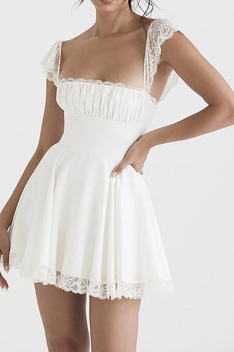 Cute A-Line Lace Cap Sleeves White Graduation Dress