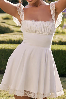 Cute A-Line Lace Cap Sleeves White Graduation Dress