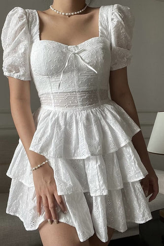 Sweet White Short Sleeves Tiered Graduation Dress