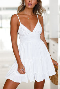 Spaghetti Straps Ruffles Little White Dress with Lace