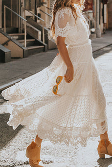 White A Line Long Boho Lace Engagement Party Dress