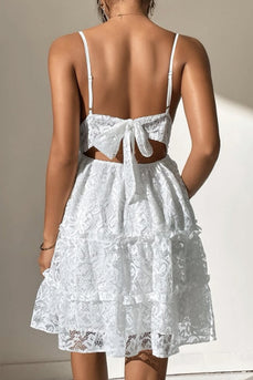 White Spaghetti Straps Graduation Dress with Lace