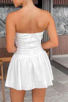 Simple A-Line Strapless Mini Pleaded White Graduation Dress