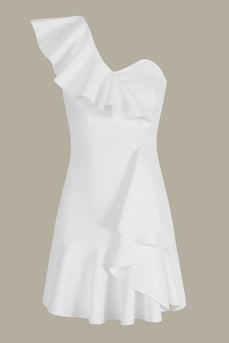 Bodycon One Shoulder Mini White Dress With Ruffle