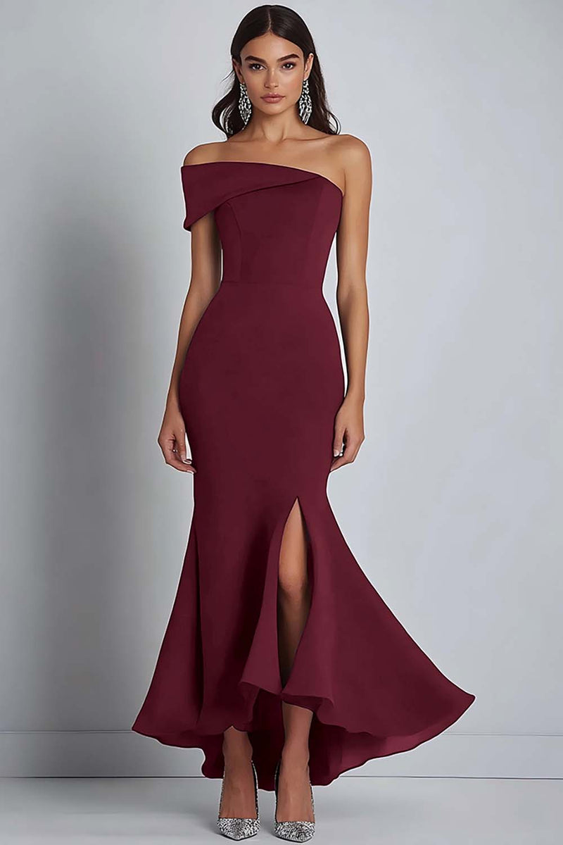 Load image into Gallery viewer, Navy Satin Off the Shoulder Sheath Long Formal Dress with Slit
