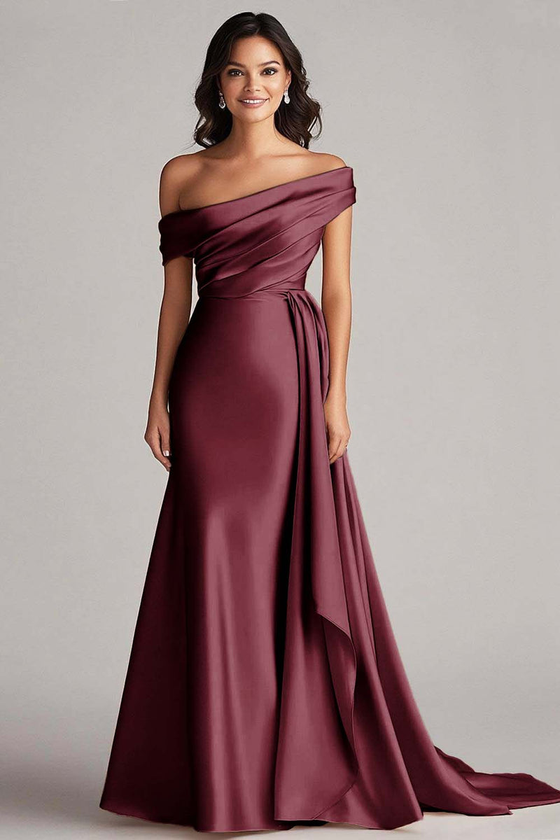 Load image into Gallery viewer, Dusty Blue Off the Shoulder Long Streamer Formal Dress