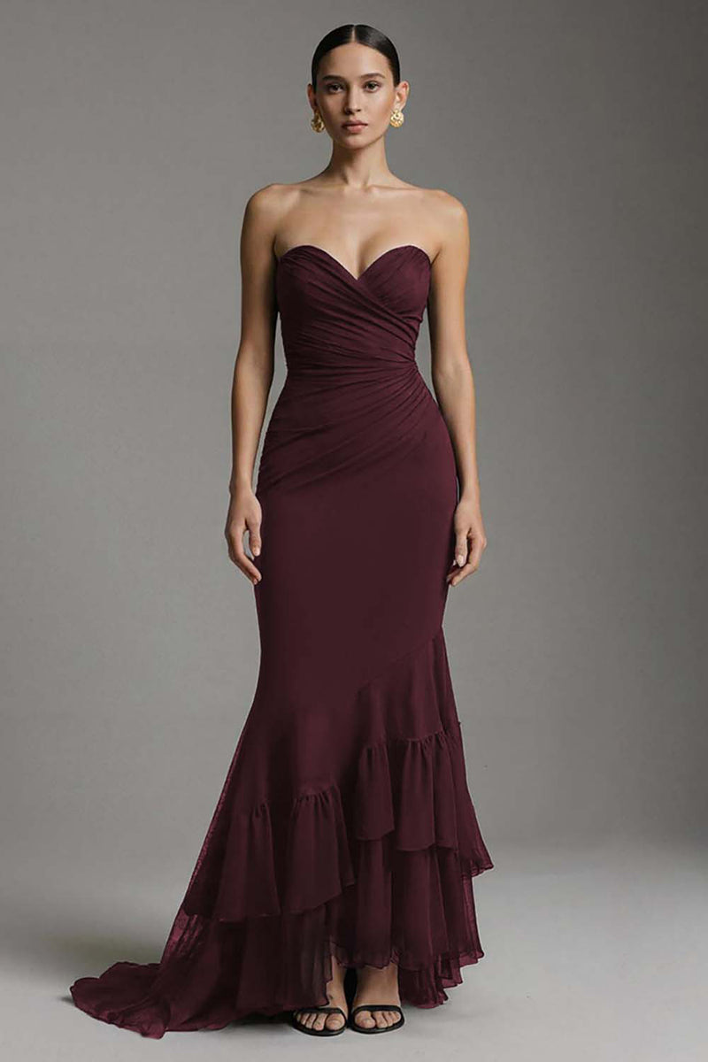 Load image into Gallery viewer, Black Sweetheart Ruched Mermaid Ruffled Long Formal Dress