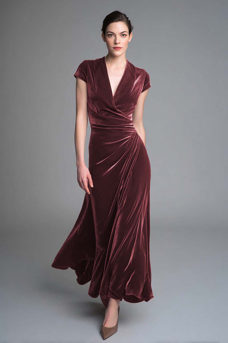 Load image into Gallery viewer, Caramel Velvet Ruched V Neck Long Holiday Party Dress with Sleeves