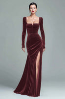 Load image into Gallery viewer, Dark Green Square Neck Velvet Long Holiday Party Dress with Slit