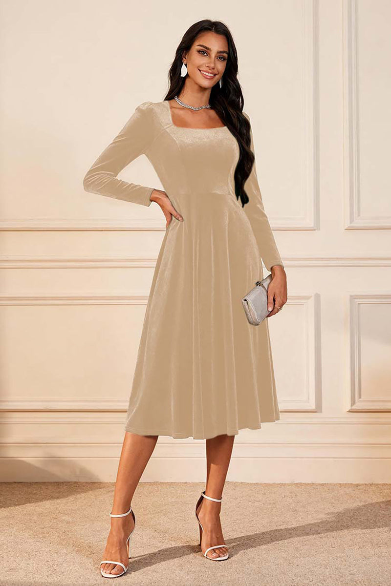 Load image into Gallery viewer, Dark Green Velvet A Line Midi Glitter Holiday Party Dress with Sleeves