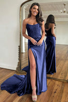 Load image into Gallery viewer, Women Sparkly Dark Navy Satin Long Corset Prom Dress with Slit Sheath Strapless Party Dress with Lace