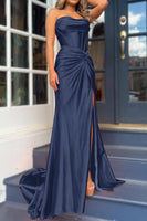 Load image into Gallery viewer, Orange Mermaid Ruched Long Corset Prom Dress with Slit