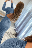 Load image into Gallery viewer, Mermaid Glitter Navy Sequins Mesh Evening Dress Backless Prom Dress