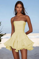 Load image into Gallery viewer, Yellow Chiffon Ruched Mini Party Dress with Ruffles