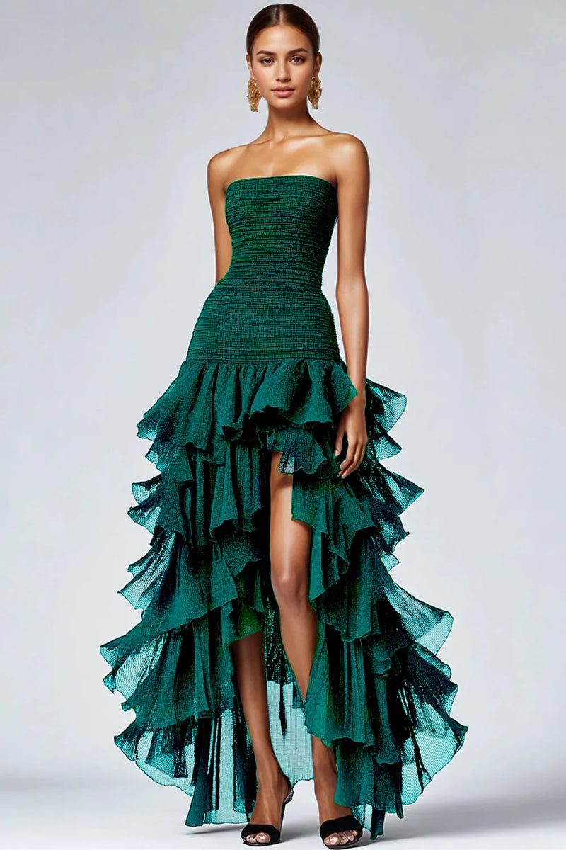 Load image into Gallery viewer, Women Dark Green Tulle Long Formal Dress with Slit A Line Strapless Tiered Black Tie Dress