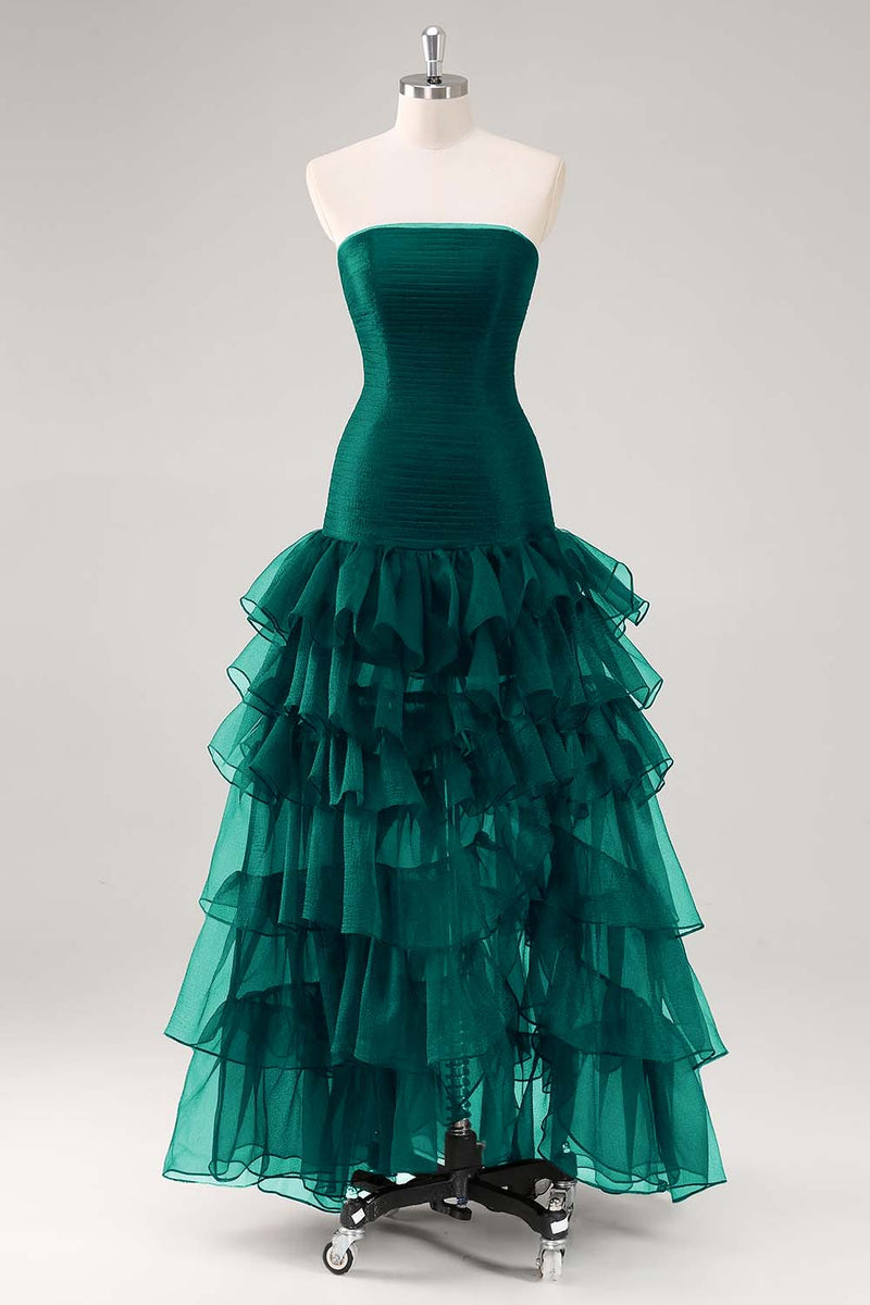 Load image into Gallery viewer, Elegant Black Strapless Tiered Maxi Organza Formal Dress with Slit