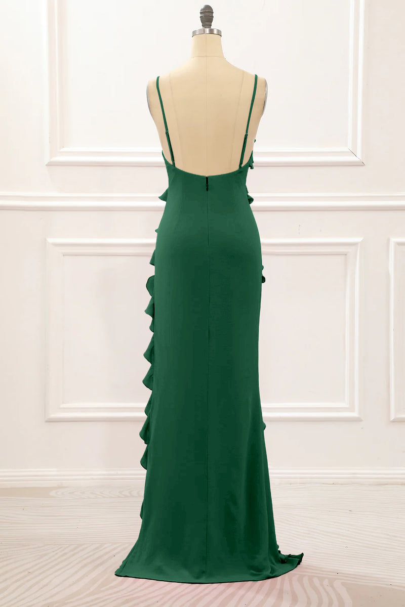 Queendancer Women Dark Green Prom Dress Mermaid Spaghetti Straps Formal