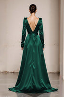Load image into Gallery viewer, Peacock Green Satin V-Neck A Line Long Formal Dress with Sleeves