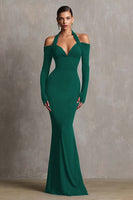 Load image into Gallery viewer, Burgundy Halter Mermaid Long Sleeves Formal Dress