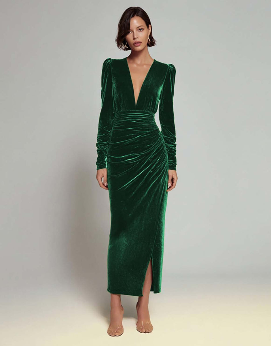 Load image into Gallery viewer, Olive Sheath Deep V-Neck Velvet Long Holiday Party Dress with Sleeves