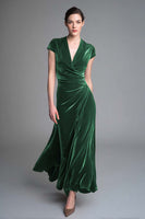Load image into Gallery viewer, Plum Ruched V Neck Velvet Long Holiday Party Dress with Sleeves