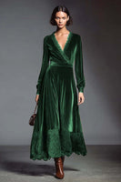 Load image into Gallery viewer, Coffee V-Neck Long Sleeves Velvet Holiday Party Dress with Lace
