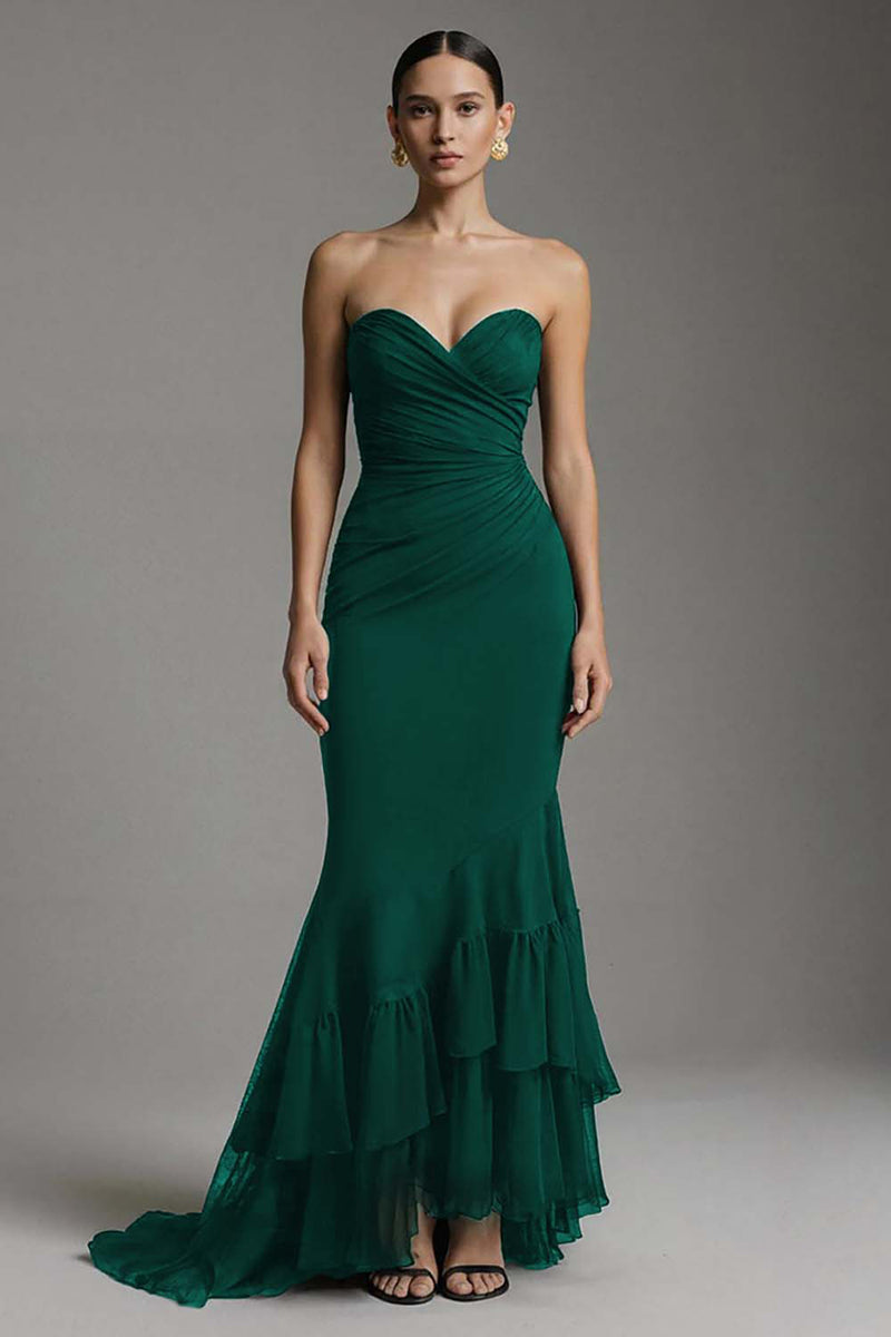 Load image into Gallery viewer, Black Sweetheart Ruched Mermaid Ruffled Long Formal Dress