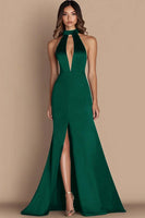 Load image into Gallery viewer, Simple Halter Satin Keyhole Long Black Tie Dress with Slit