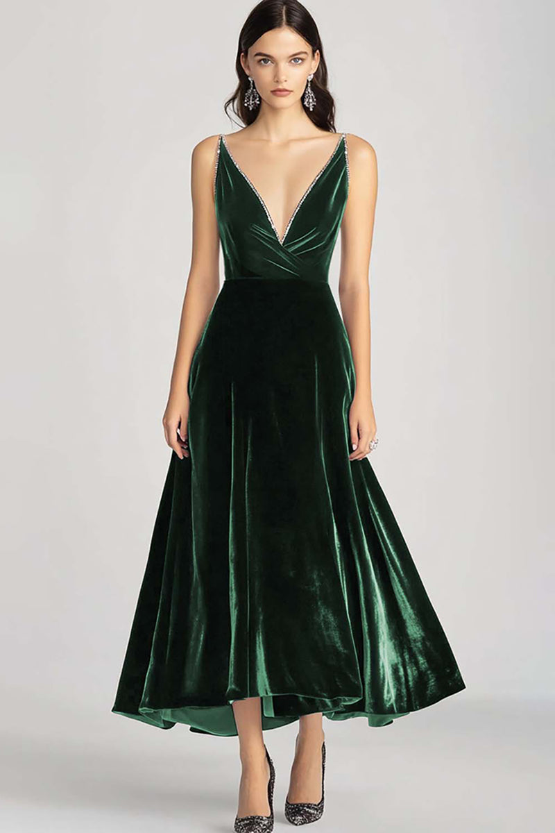 Load image into Gallery viewer, Burgundy Velvet V-Neck A Line Long Formal Dress