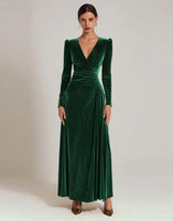 Load image into Gallery viewer, Olive A Line V-Neck Velvet Long Holiday Party Dress with Sleeves