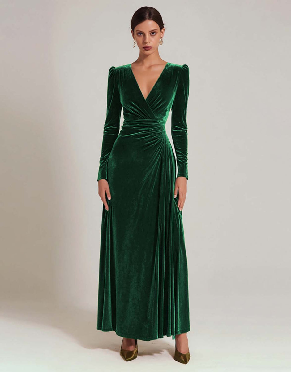 Load image into Gallery viewer, Olive A Line V-Neck Velvet Long Holiday Party Dress with Sleeves