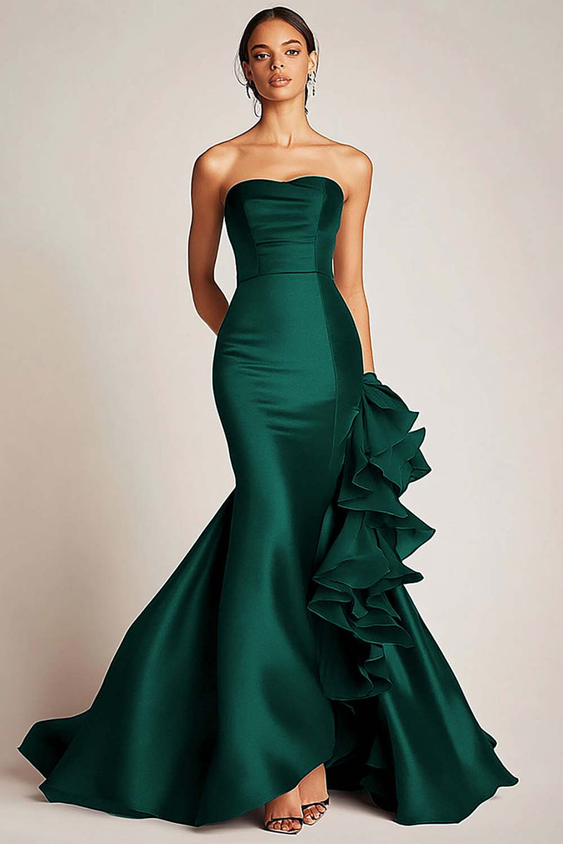 Load image into Gallery viewer, Satin Mermaid Long Black Tie Dress with Ruffles