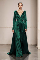 Load image into Gallery viewer, Peacock Green Satin V-Neck A Line Long Formal Dress with Sleeves