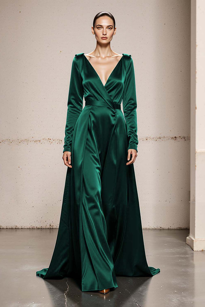 Load image into Gallery viewer, Peacock Green Satin V-Neck A Line Long Formal Dress with Sleeves