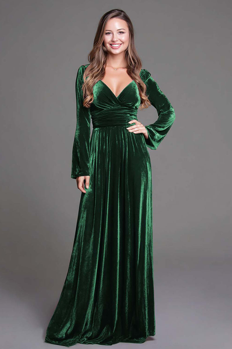 Load image into Gallery viewer, Burgundy Velvet V-Neck A-Line Long Holiday Party Dress with Sleeves