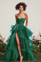 Load image into Gallery viewer, Navy Strapless Ruched Tiered Long Formal Dress with Slit